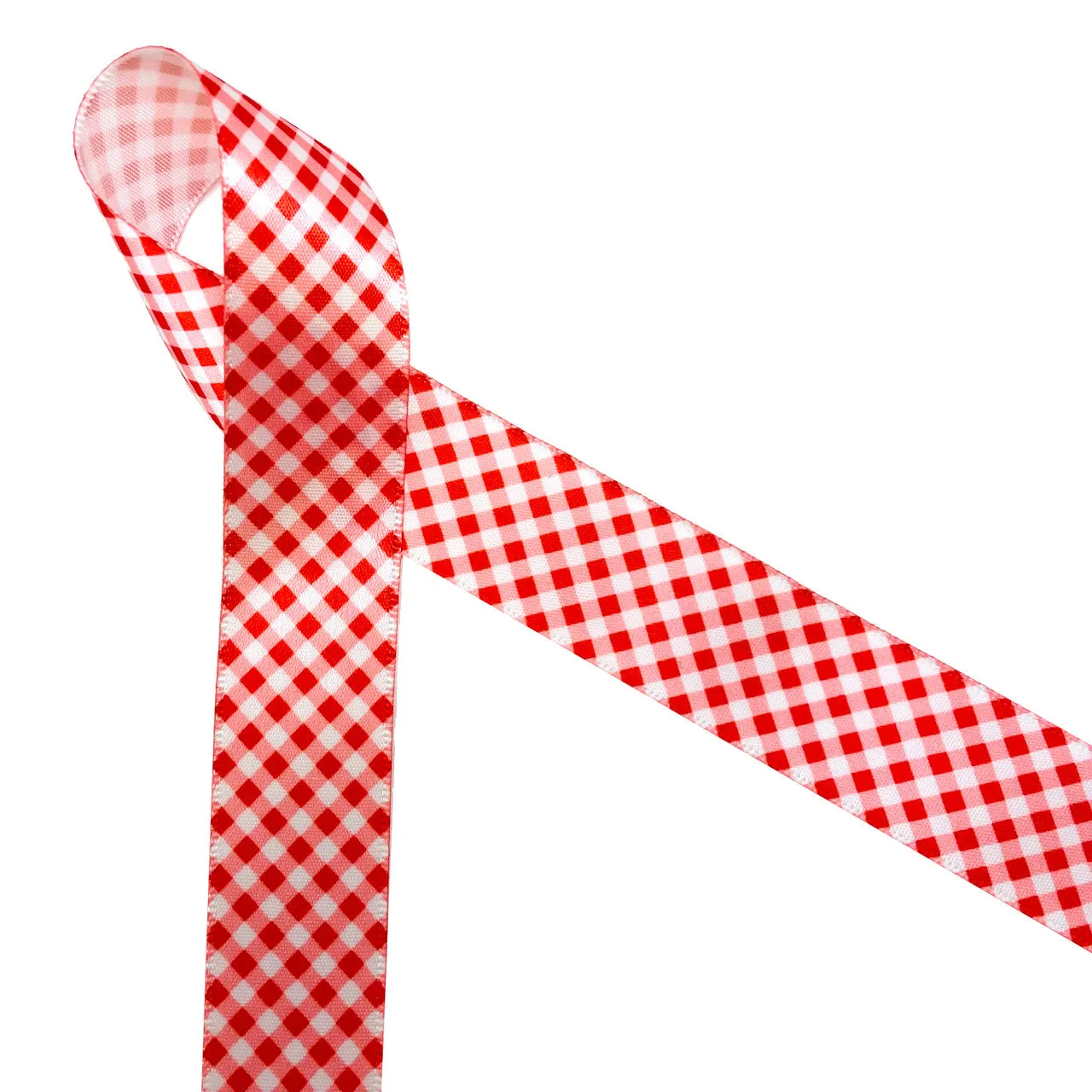 Gingham Check Ribbon in red and white printed on 7/8" white single face satin