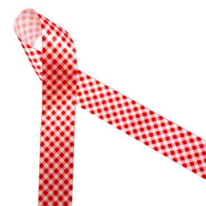 Gingham Check Ribbon in red and white printed on 7/8" white single face satin