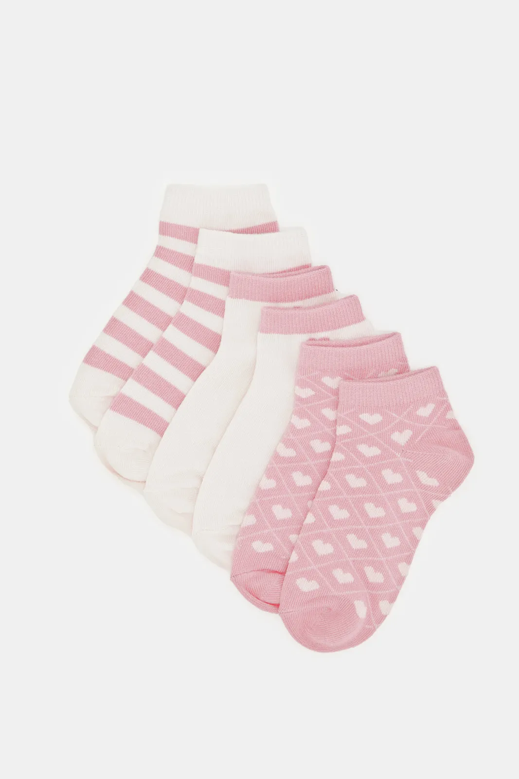 Girls Pink And White Printed Ankle Length Socks (3 Pairs)