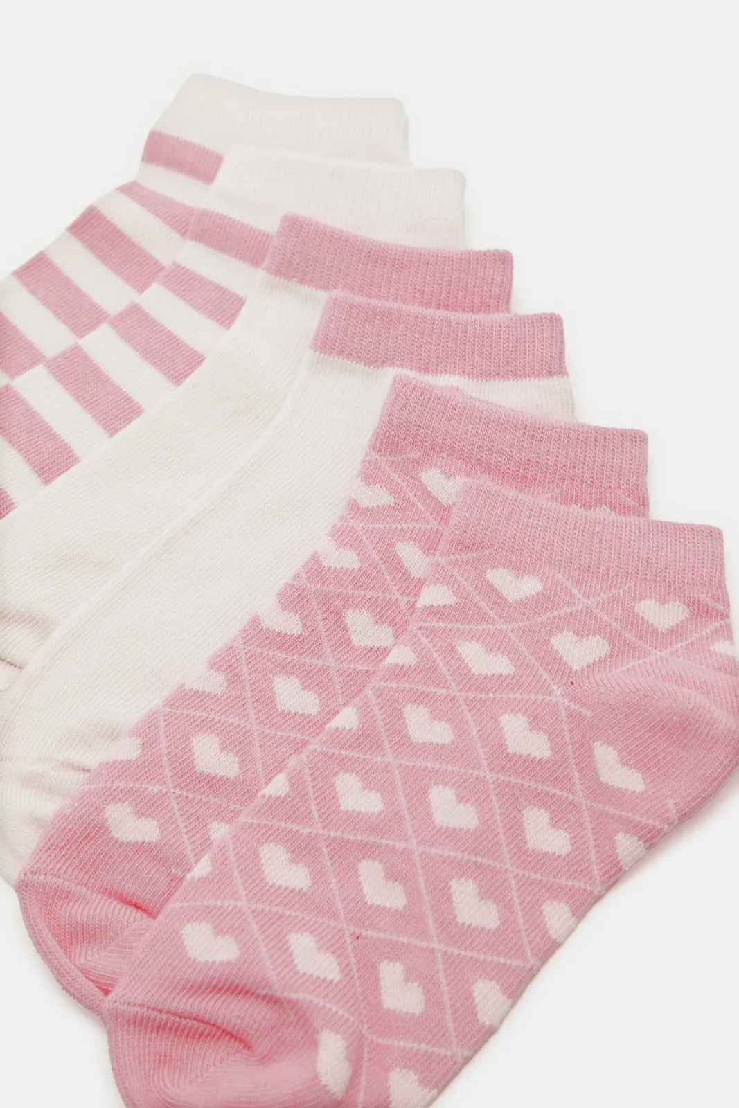 Girls Pink And White Printed Ankle Length Socks (3 Pairs)