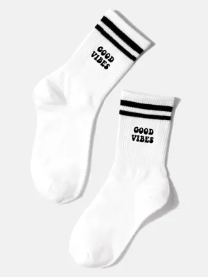 Good Vibes White Crew Socks for Women Fun Socks Funky Socks Novelty Socks