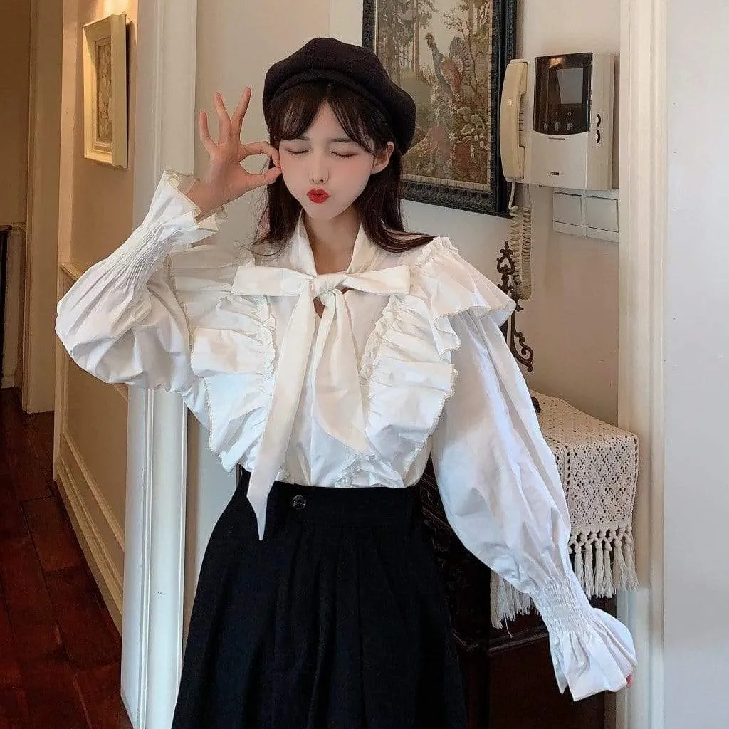 Harajuku Falbala Flare Sleeved Shirt With Bowknot