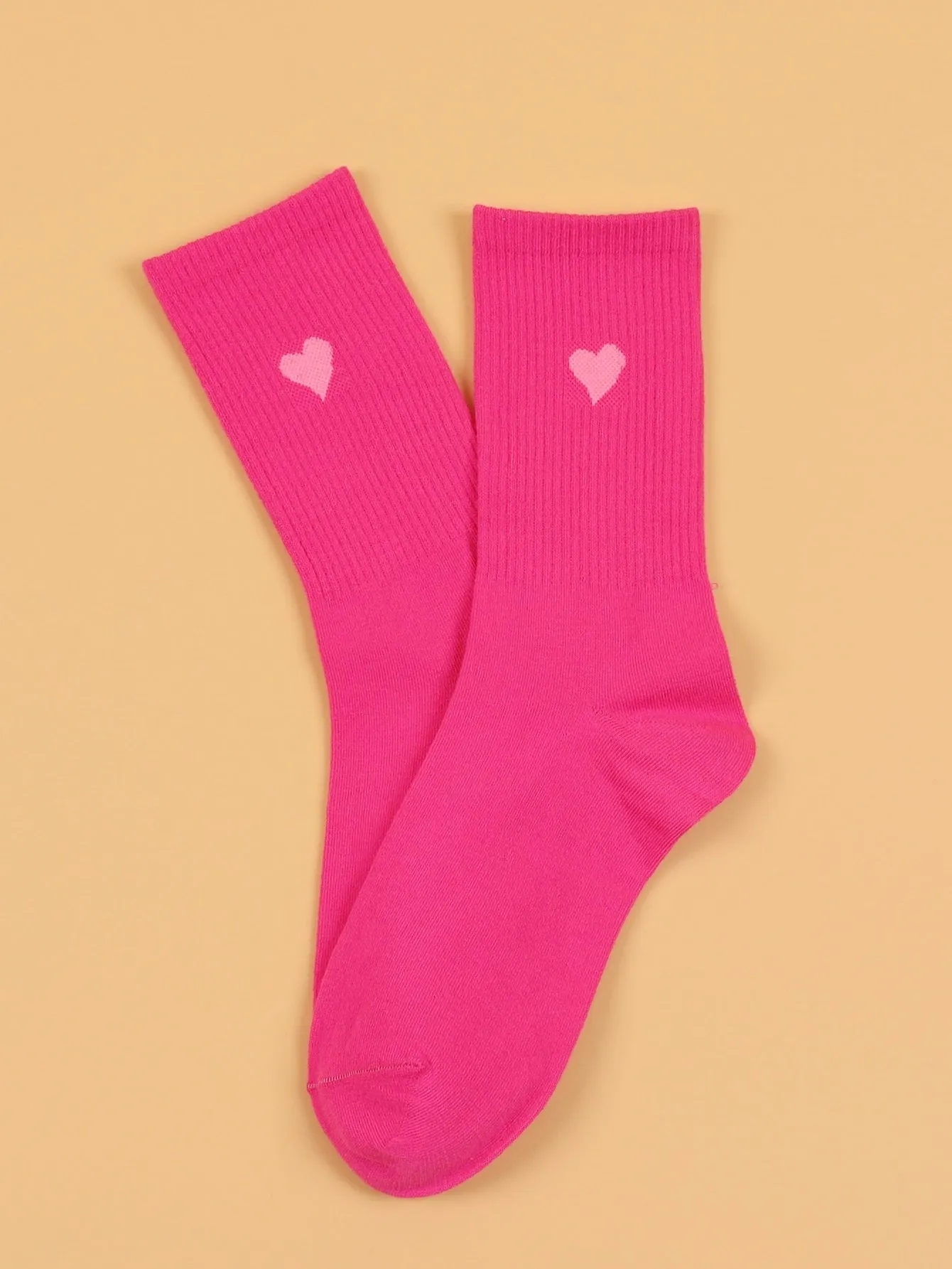 Heart Print Hot Pink Crew Socks for Women Plain Socks Cozy Socks Fashion Socks