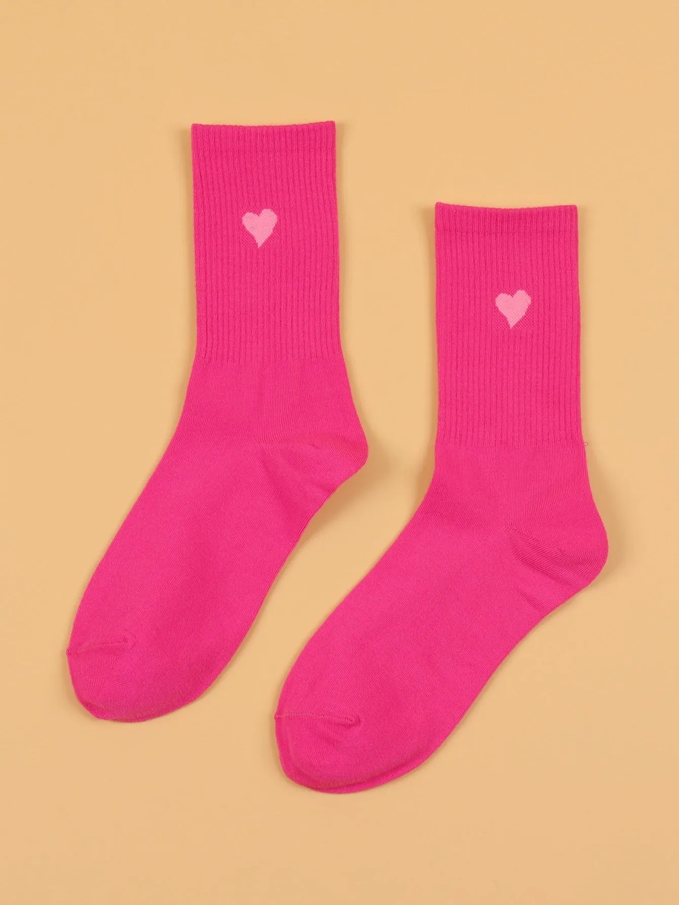 Heart Print Hot Pink Crew Socks for Women Plain Socks Cozy Socks Fashion Socks