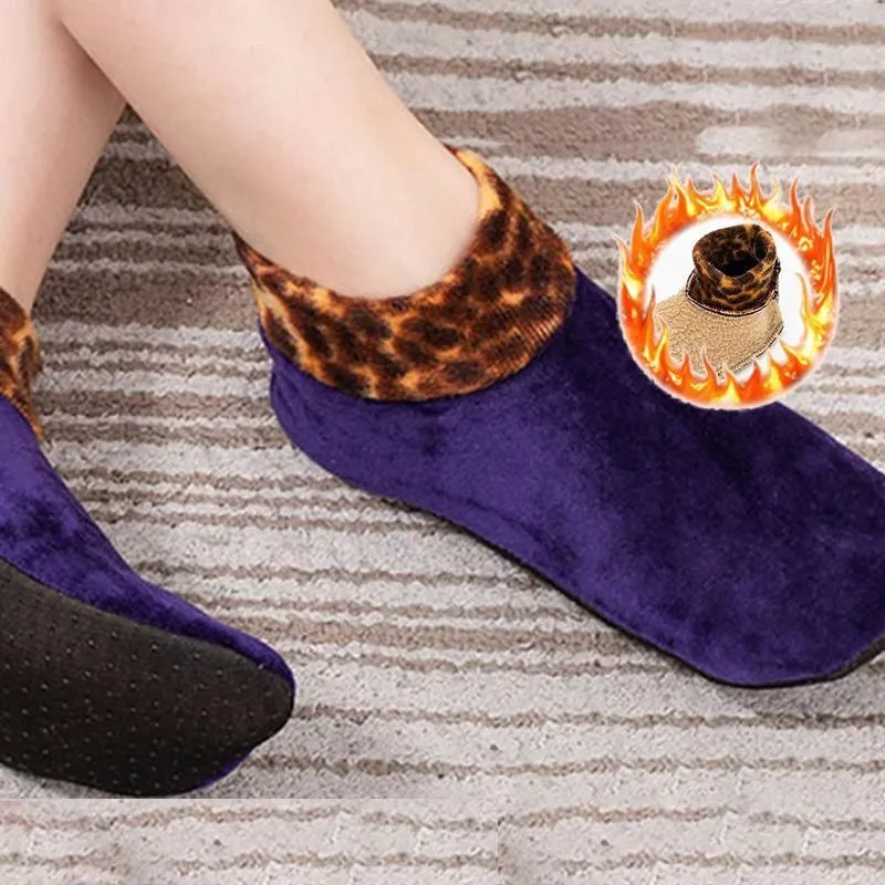 Indoor Non-slip Thermal Slipper Socks Women Leopard Floor Socks Fuzzy Slipper Socks For Men Women