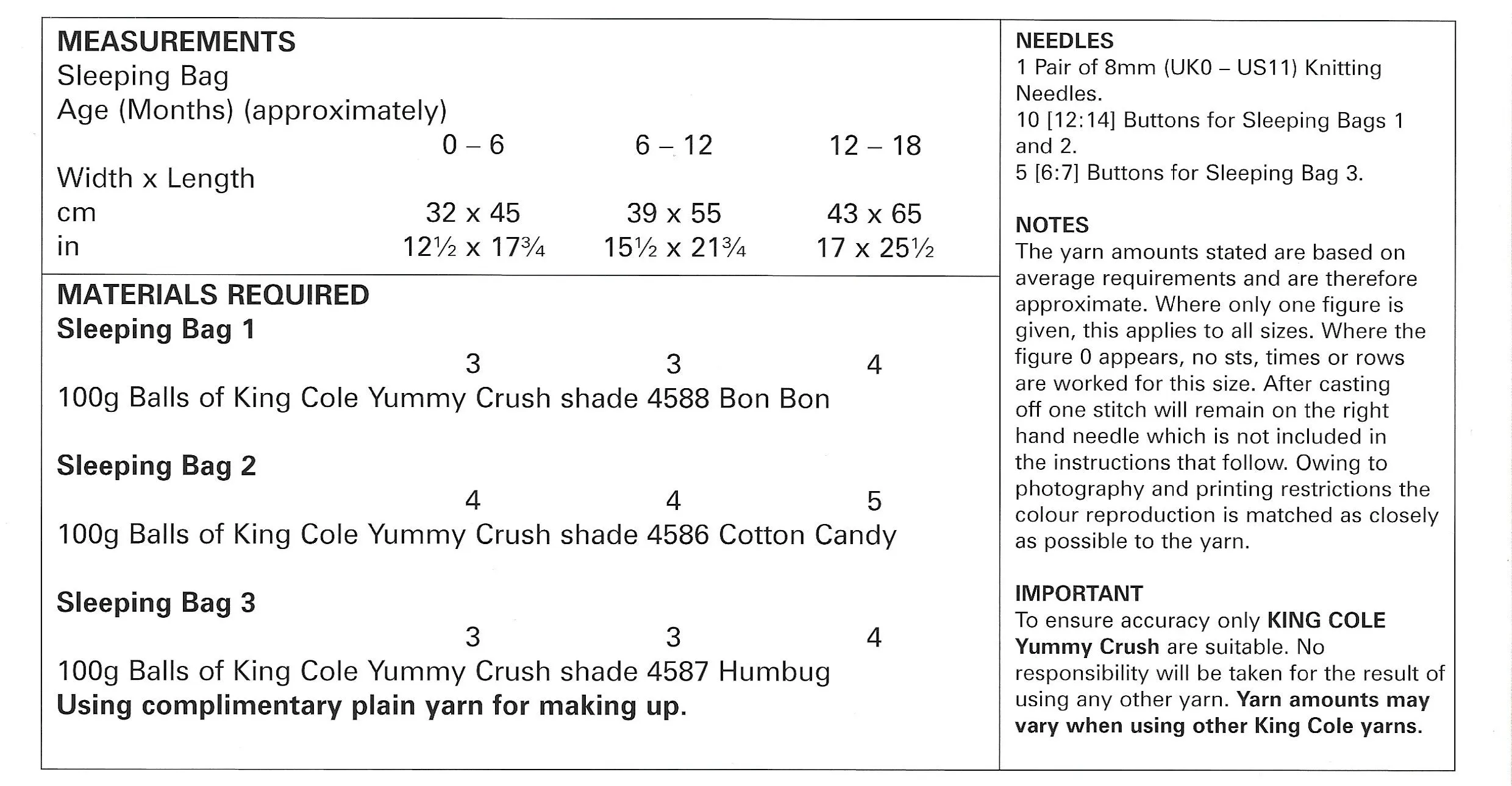 King Cole 5603 Sleeping Bags, Easy Knit, Yummy Crush Knitting Pattern