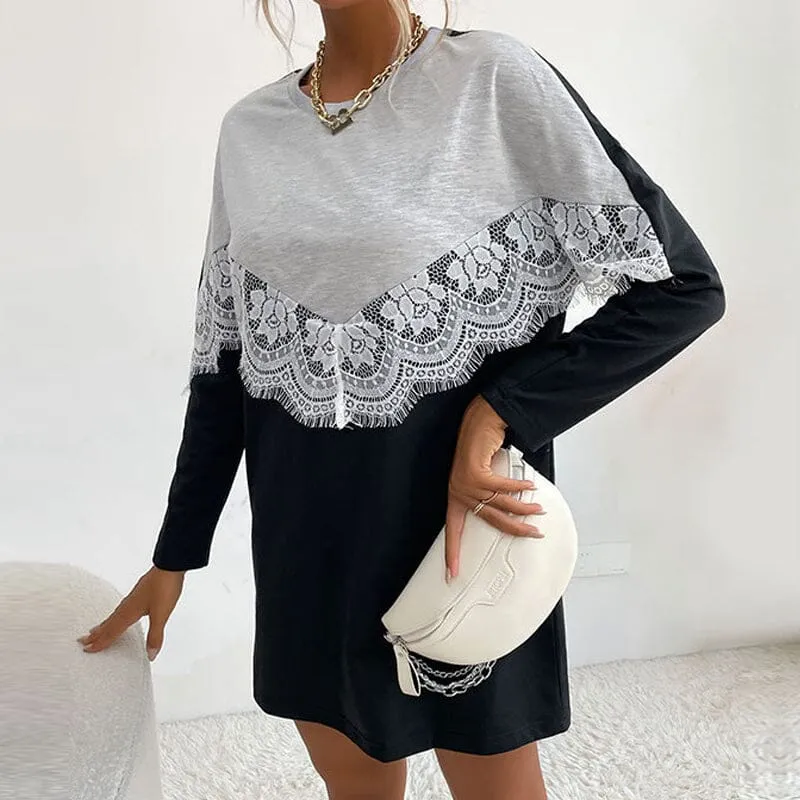 Lace Panel Sweatshirt Dress