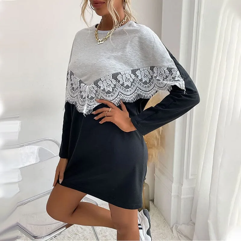 Lace Panel Sweatshirt Dress