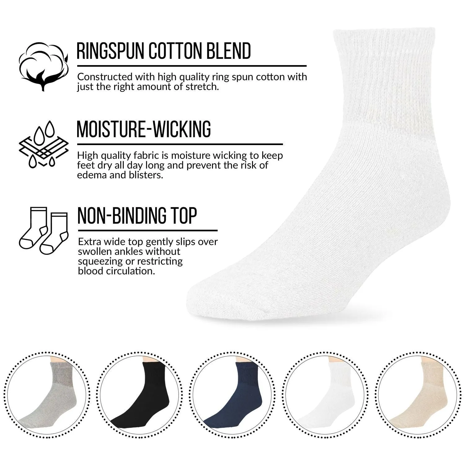 Ladies Diabetic Neuropathy Cotton Quarter Length Socks, Women's Shoe Size 6-10