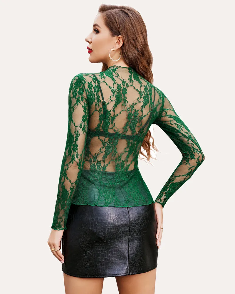 Long Sleeve Floral Lace Sheer Blouse