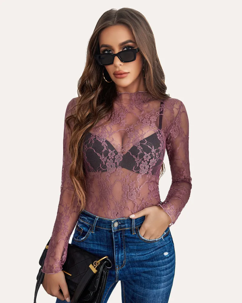 Long Sleeve Floral Lace Sheer Blouse