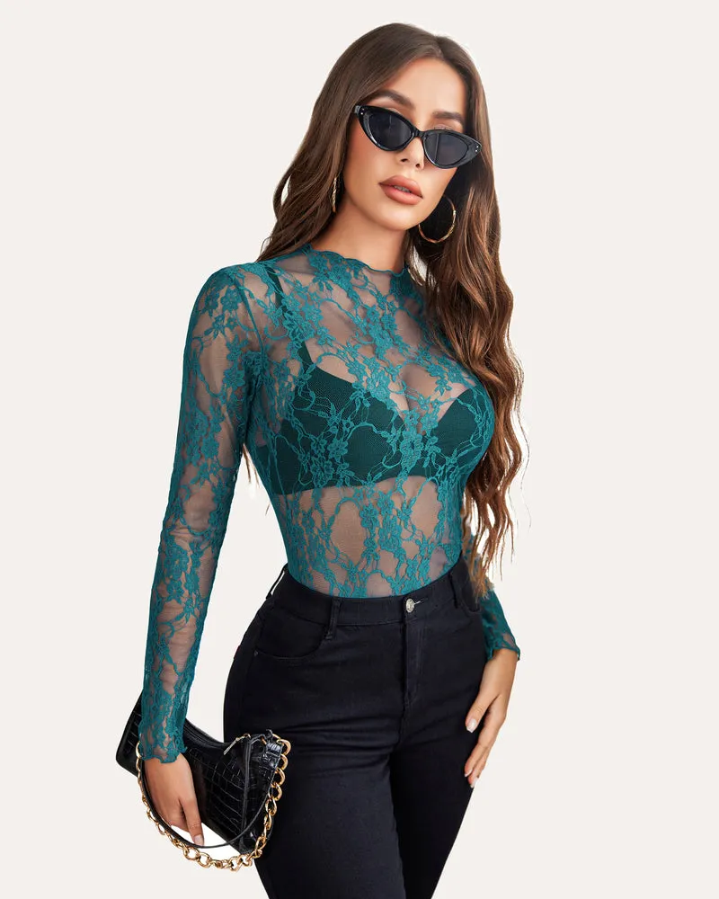 Long Sleeve Floral Lace Sheer Blouse