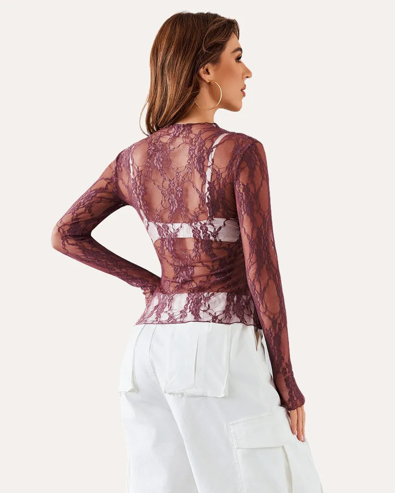 Long Sleeve Floral Lace Sheer Blouse