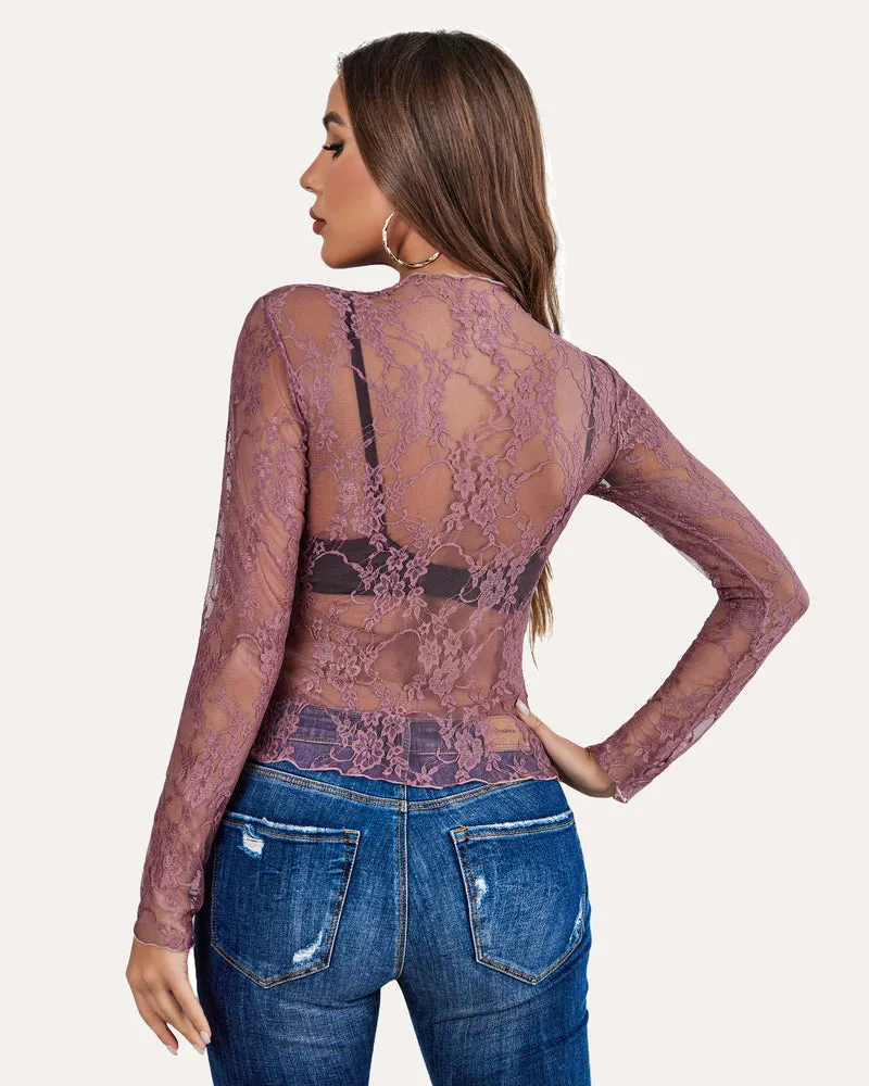 Long Sleeve Floral Lace Sheer Blouse