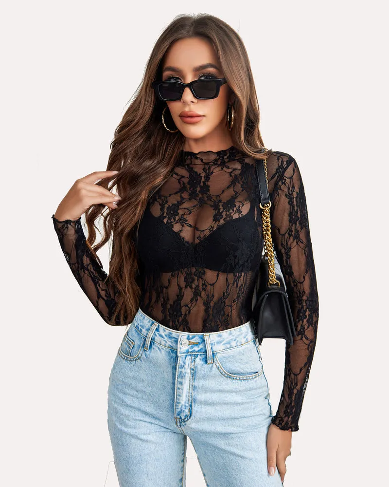 Long Sleeve Floral Lace Sheer Blouse