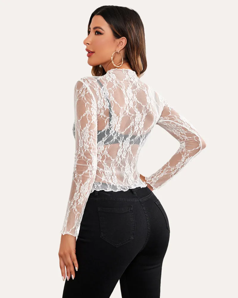 Long Sleeve Floral Lace Sheer Blouse