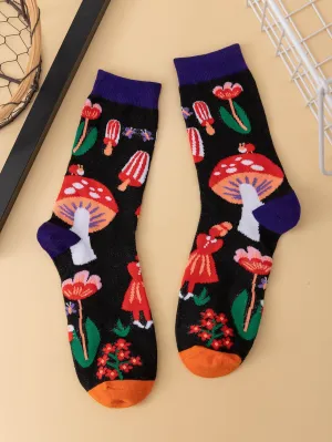 Mushroom Pattern Crew Socks Silly Socks for Women Funky Socks Funny Socks