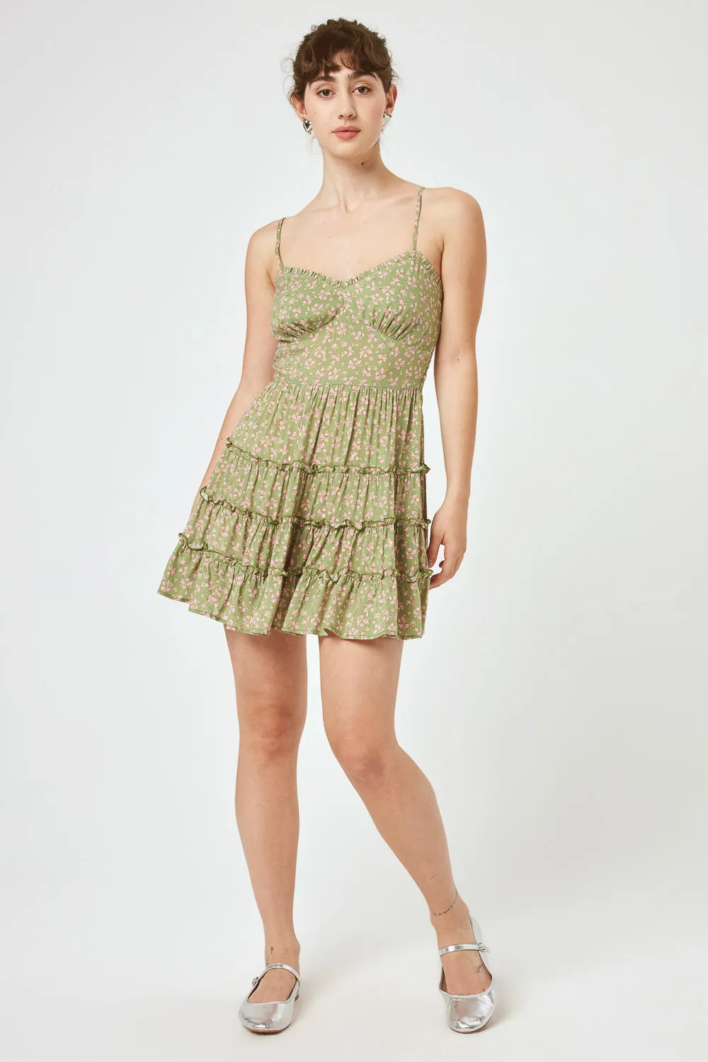 Olive Floral Lace Up Back Ruffle Dress