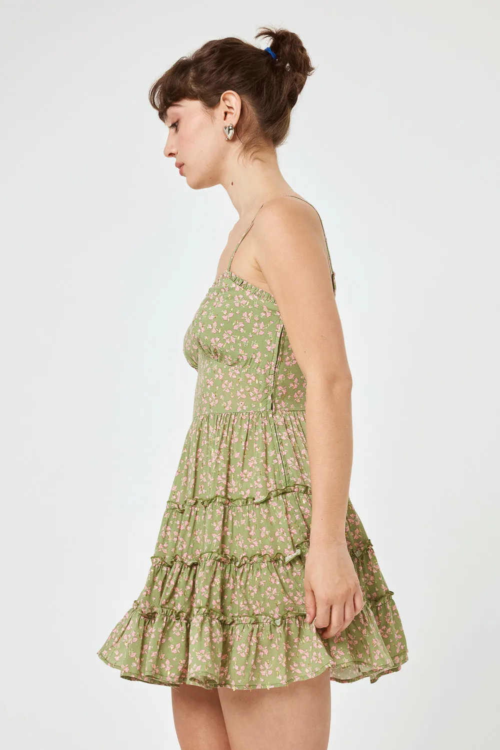 Olive Floral Lace Up Back Ruffle Dress