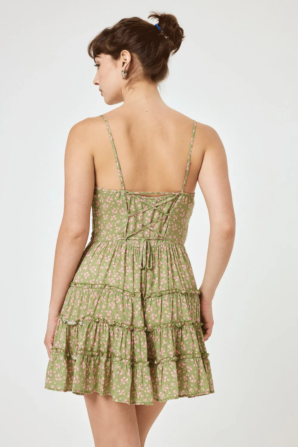 Olive Floral Lace Up Back Ruffle Dress