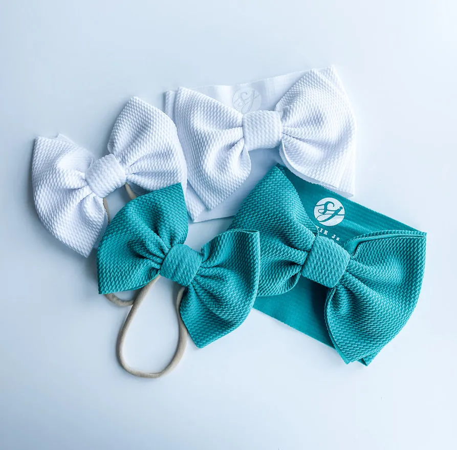 Original Headwrap & Regular Bow Bundle: White & Emerald "Chandler" mixed bundle