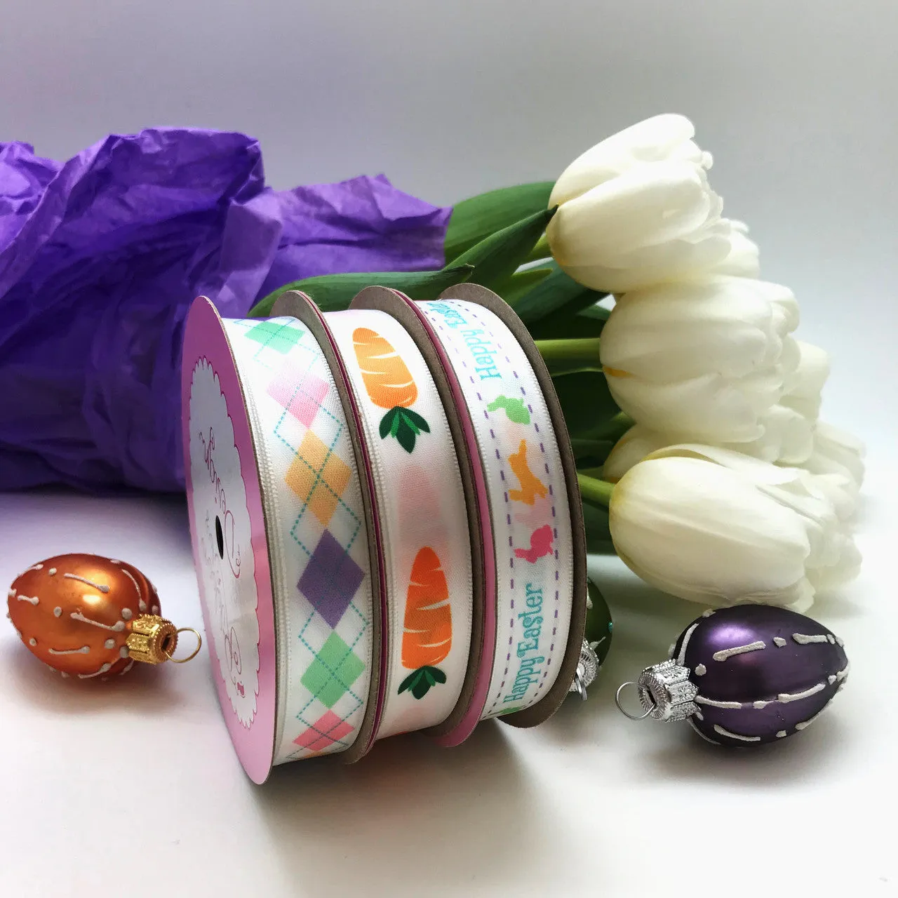 Pastel Argyle Ribbon on 5/8" white single face satin