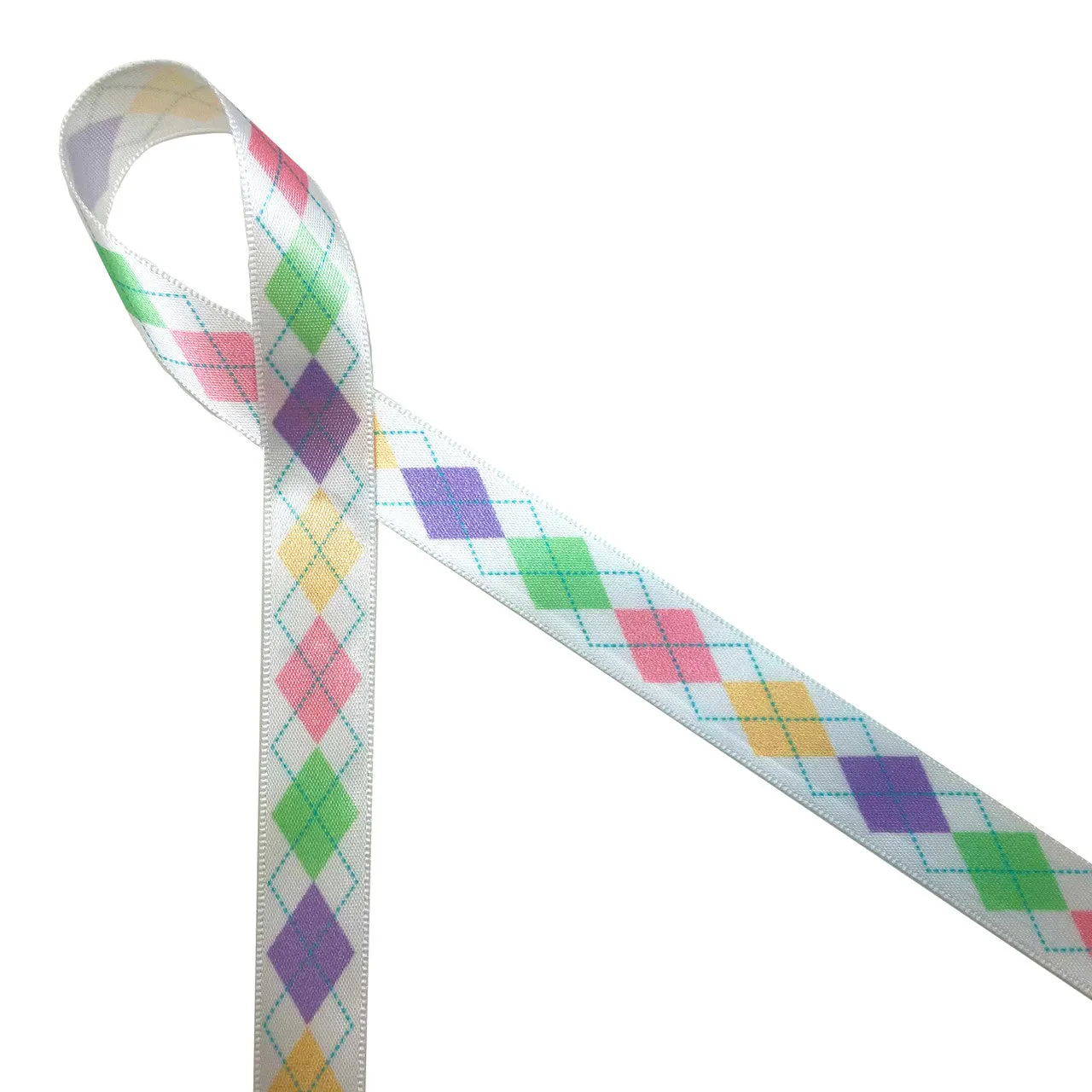 Pastel Argyle Ribbon on 5/8" white single face satin