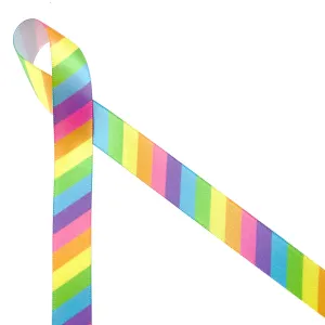 Pastel Rainbow stripes Ribbon in softer shades of primary colors printed on 5/8" white single face satin