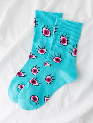 Pink Eye Bkue Crew Socks for Women Fun Socks Funky Socks Novelty Socks