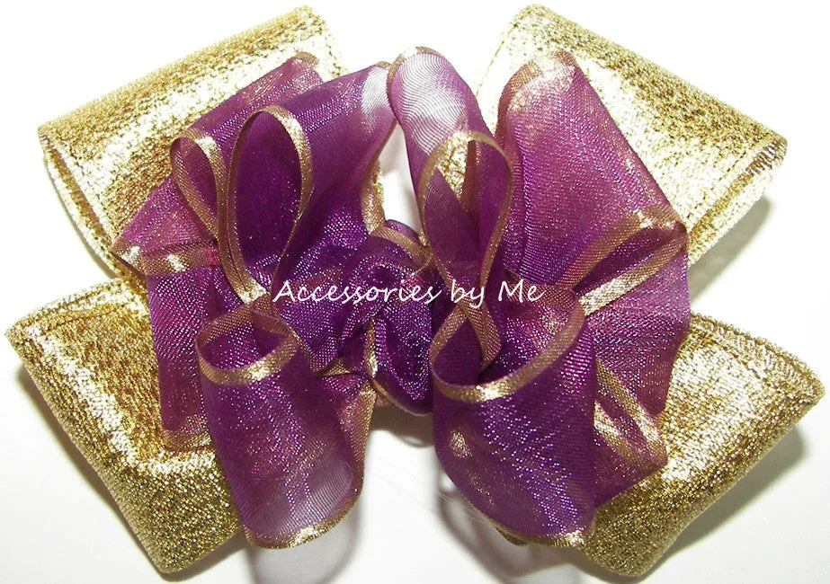 Plum Gold Organza Satin Metallic Hair Bow