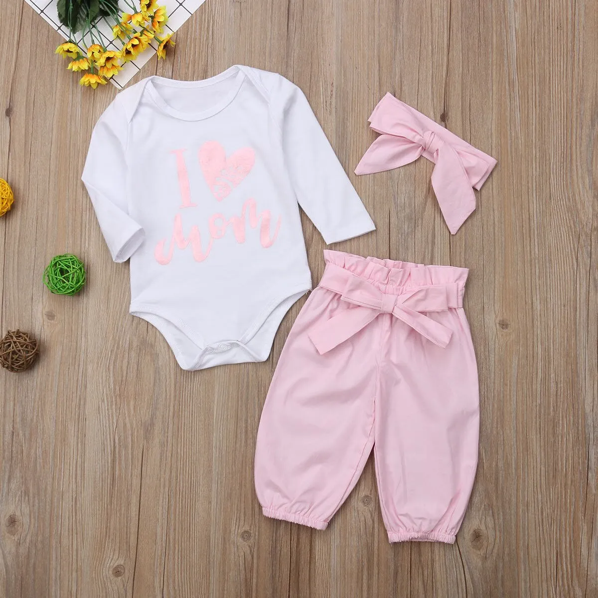 Pudcoco Girl Set 0-24M 3pcs Baby Girls Romper Long Pants Headband Cute Outfits Toddler Kid Clothing Set