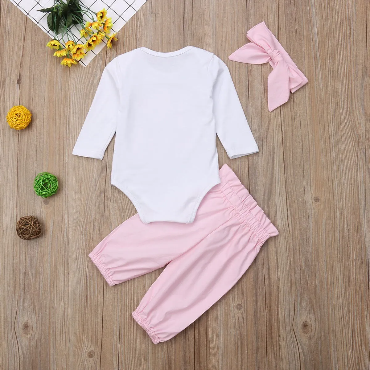 Pudcoco Girl Set 0-24M 3pcs Baby Girls Romper Long Pants Headband Cute Outfits Toddler Kid Clothing Set