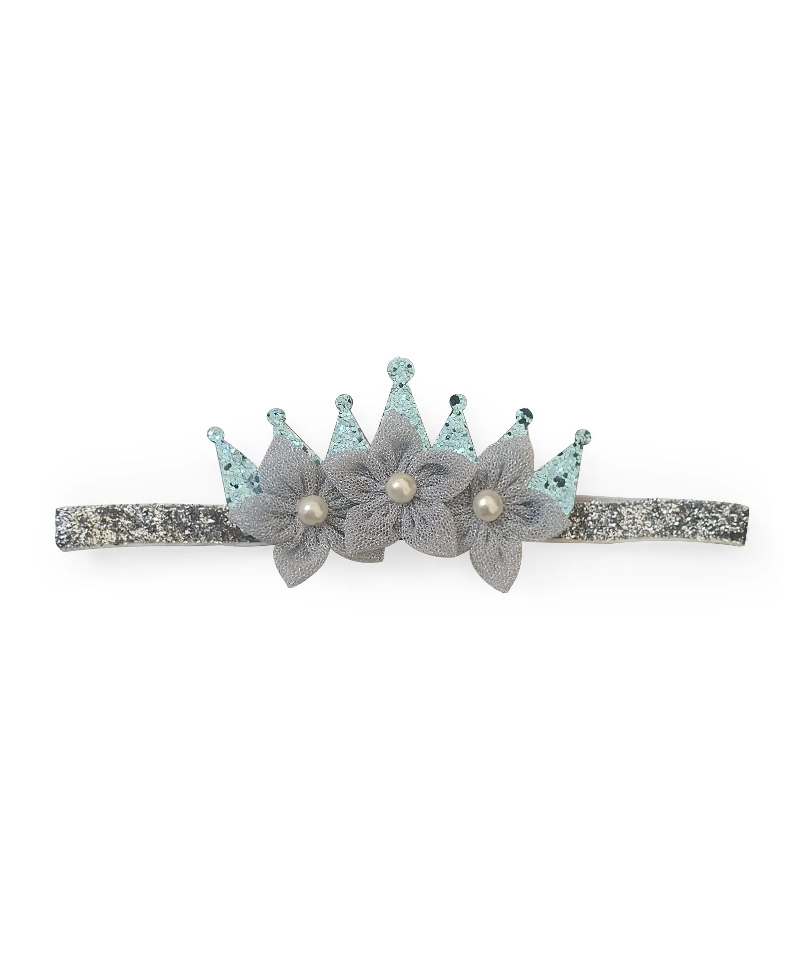 Shimmery Crown & Flower Headband - Light Blue & Silver